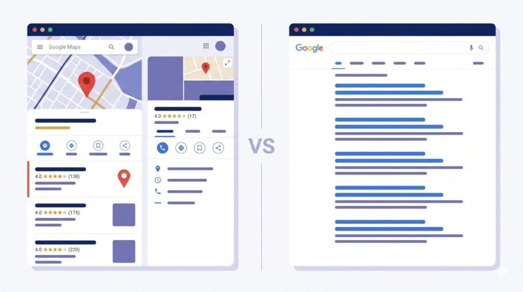 MEOとSEOの違いを比較するイメージ図。左にGoogleマップのローカルパック、右にオーガニック検索結果を並べた構成