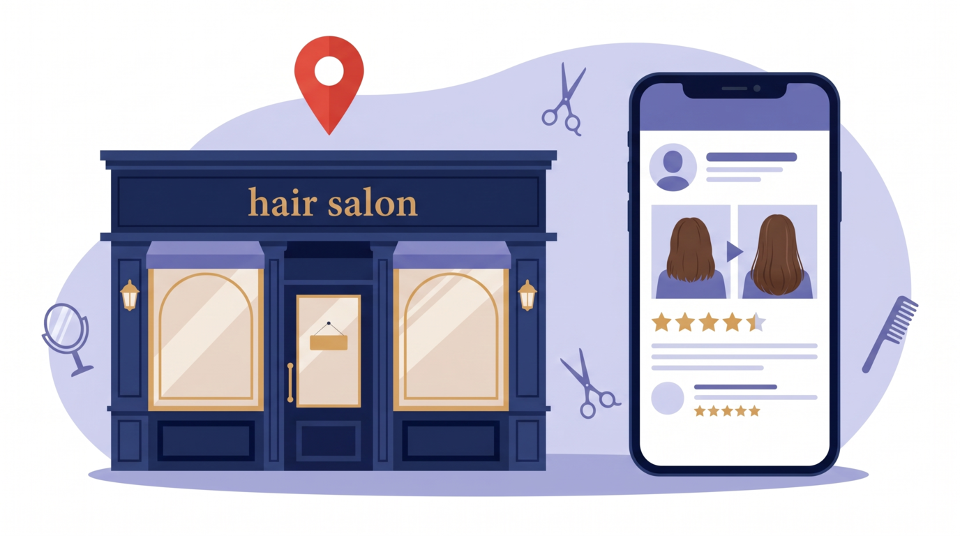 美容室のMEO対策を示すイメージ図。サロン店舗の上にGoogleマップのピン、手前に施術写真と星評価が表示されたスマートフォン