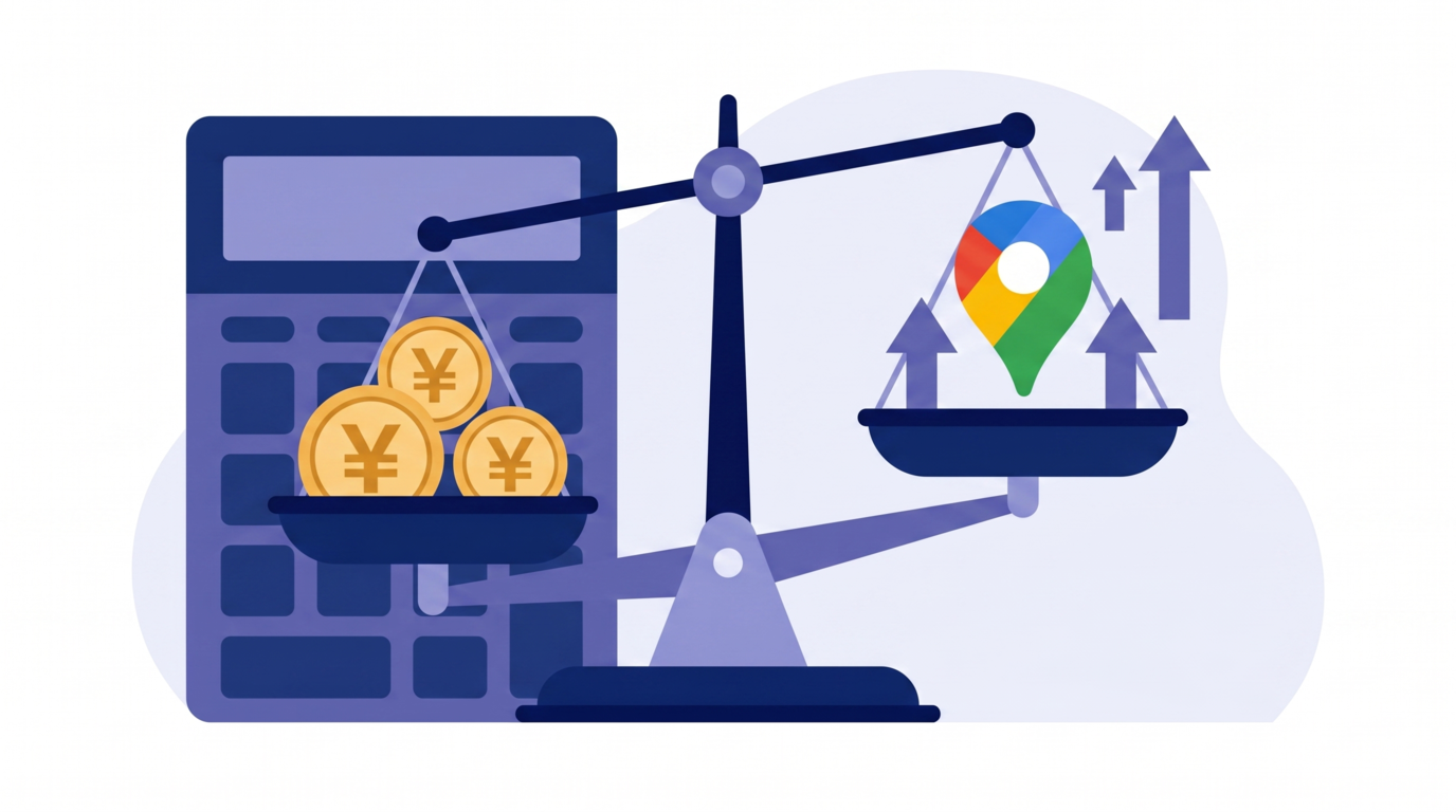 MEO対策の費用対効果を示すイメージ図。天秤の片側にコスト、もう片側にGoogleマップ経由の成果を配置した構成