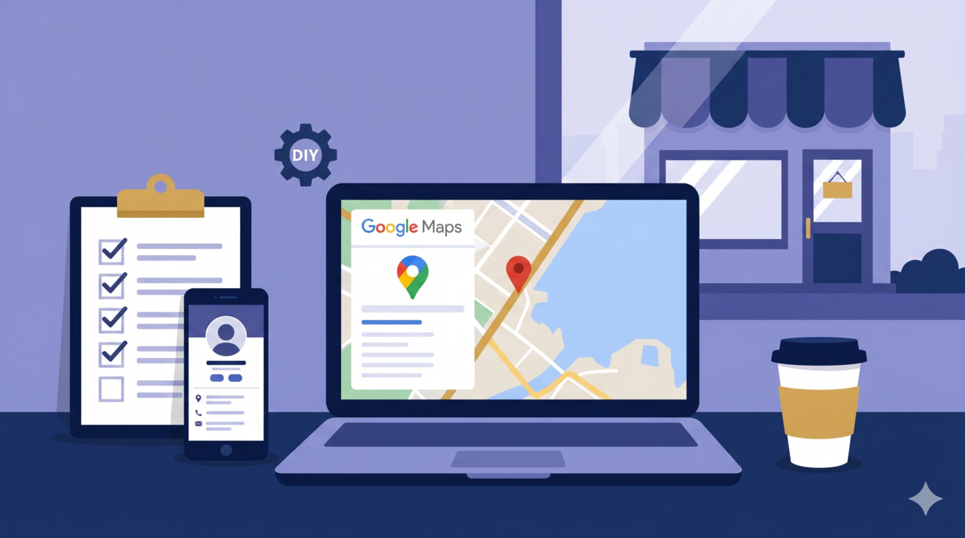 自分でMEO対策に取り組むイメージ図。デスク上にノートPC・スマートフォン・チェックリストが並ぶ作業風景