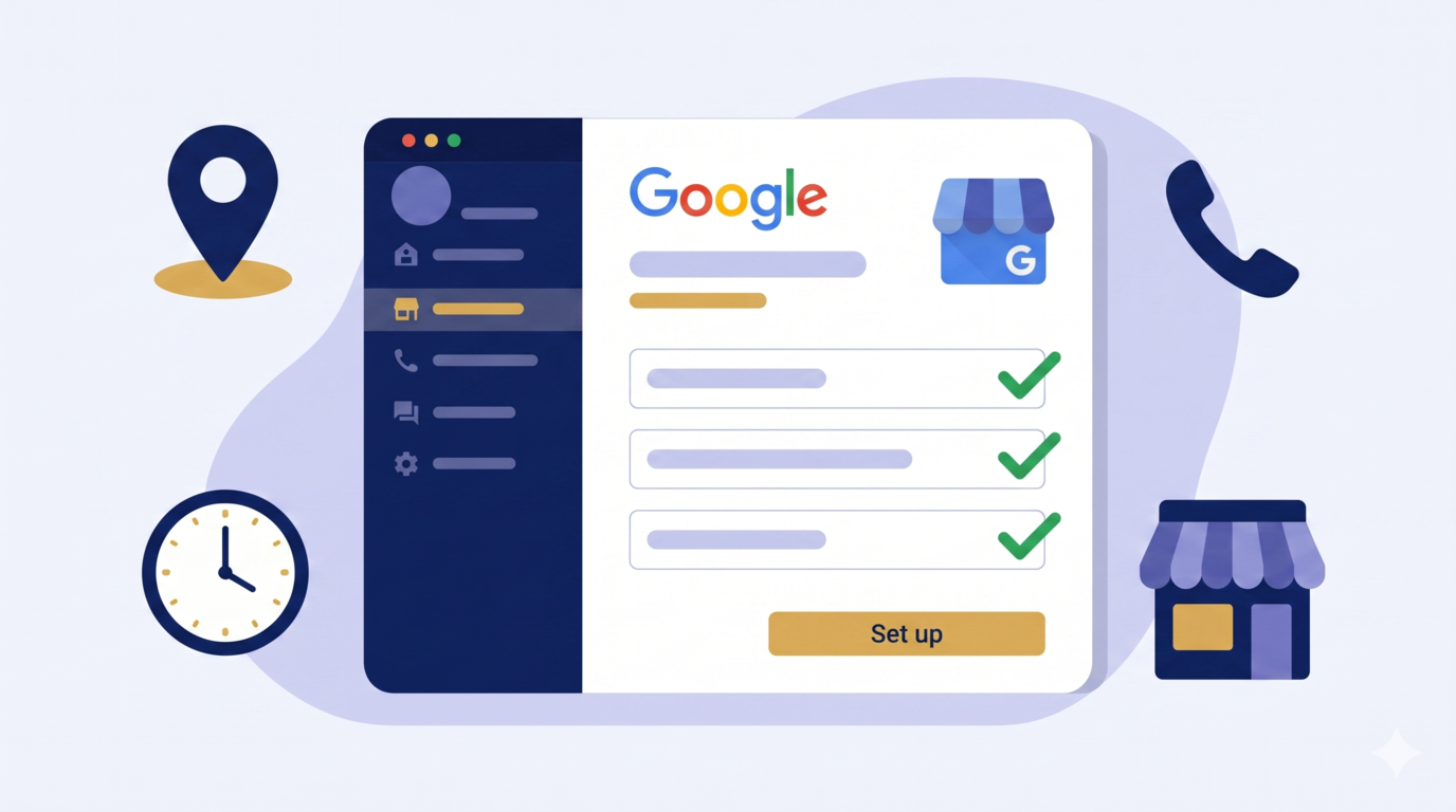 Googleビジネスプロフィールの登録・設定画面のイメージ図。各項目にチェックマークが入り、最適化が完了した状態を示す