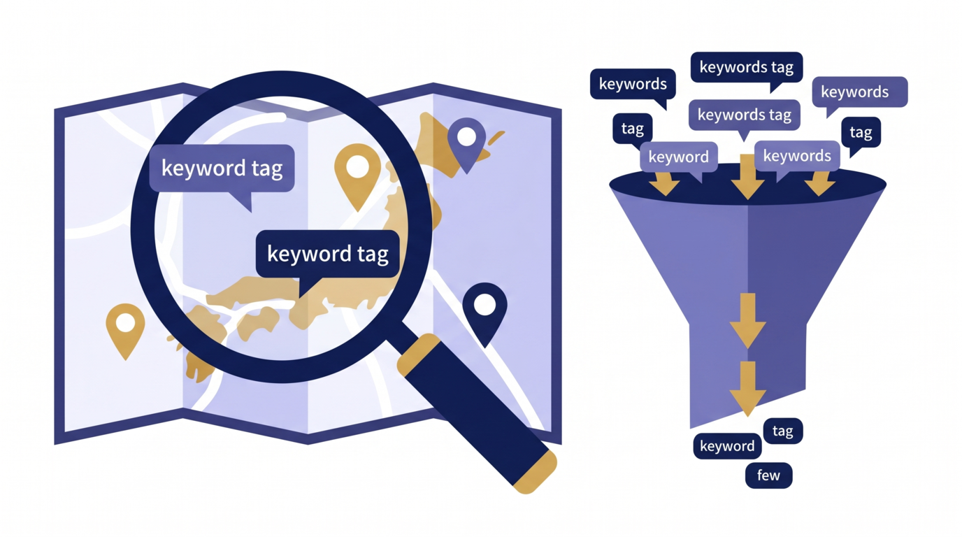 MEOキーワード選定のイメージ図。地図上を虫眼鏡で探索し、キーワードをファネルで絞り込む構成