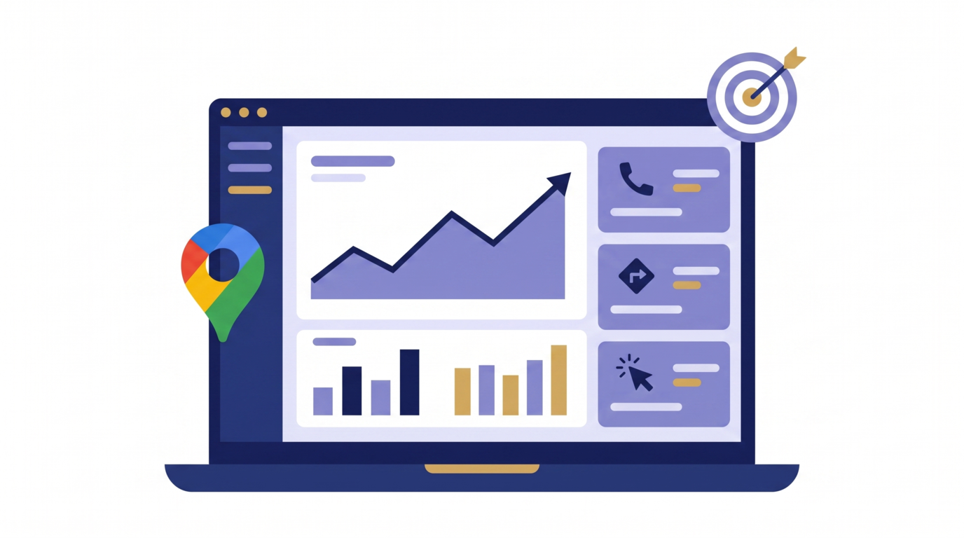 MEO効果測定のイメージ図。折れ線グラフ・棒グラフ・指標カードが並ぶ分析ダッシュボードにGoogleマップのピンが組み込まれた構成