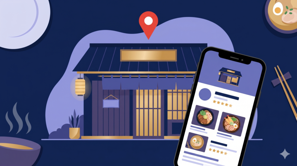 飲食店のMEO対策を示すイメージ図。レストラン店舗の上にGoogleマップのピン、手前にビジネスプロフィール画面を表示したスマートフォン