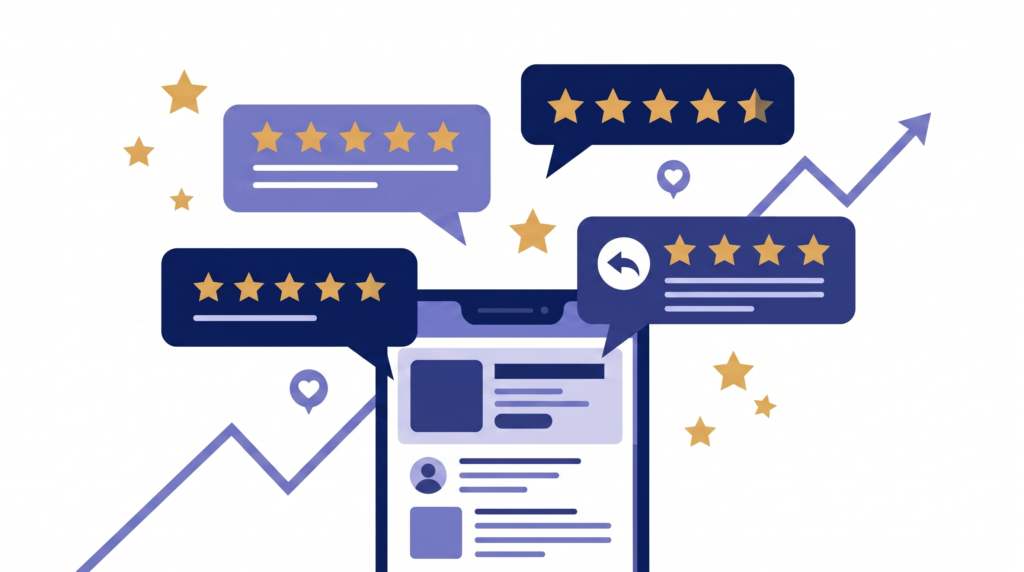 MEOにおける口コミの重要性を示すイメージ図。星評価付きの吹き出しと返信アイコンがスマートフォン上に浮かぶ構成