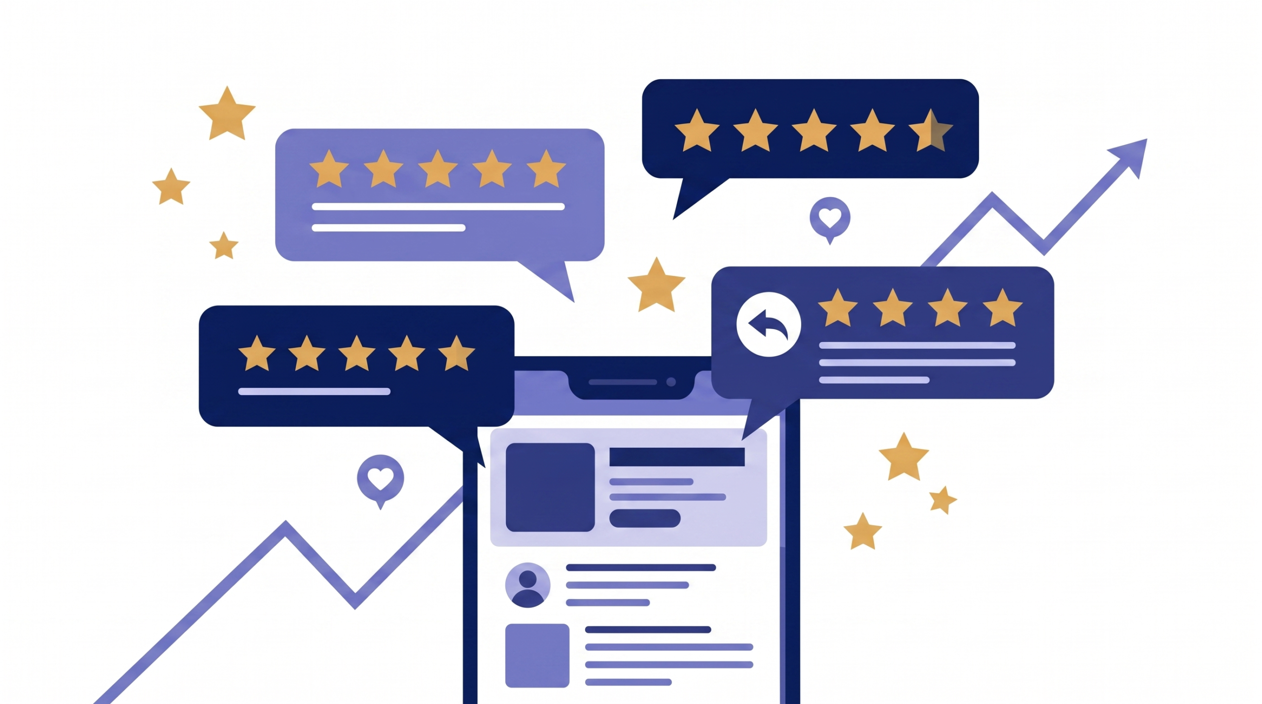 MEOにおける口コミの重要性を示すイメージ図。星評価付きの吹き出しと返信アイコンがスマートフォン上に浮かぶ構成