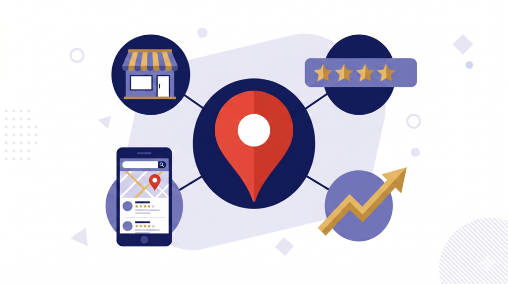 MEO対策の全体設計を示すイメージ図。Googleマップのピンを中心に、店舗・スマートフォン・星評価・成長グラフが連携する構成