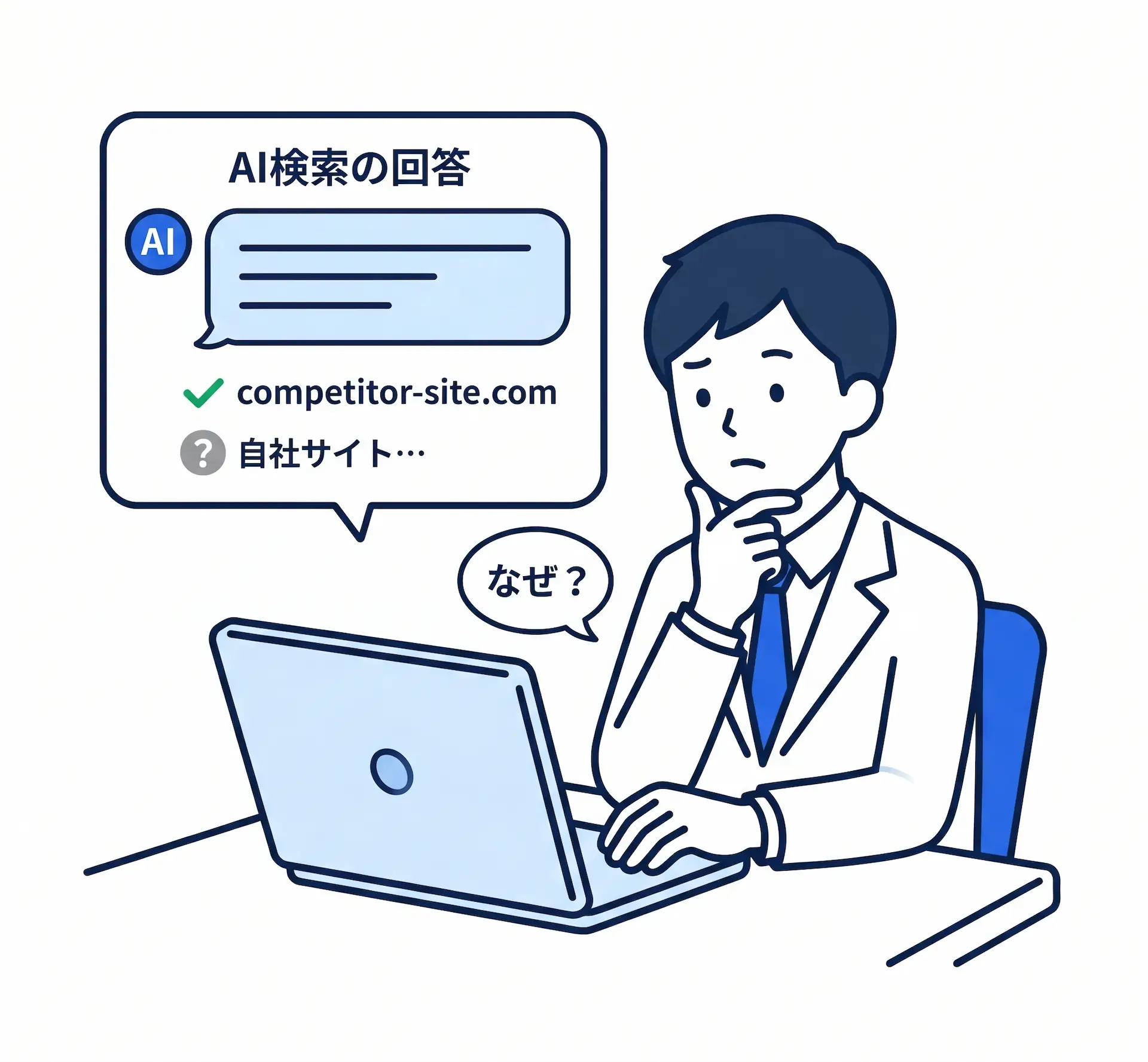 AI検索の回答に自社サイトが引用されているか確認しているビジネスパーソン